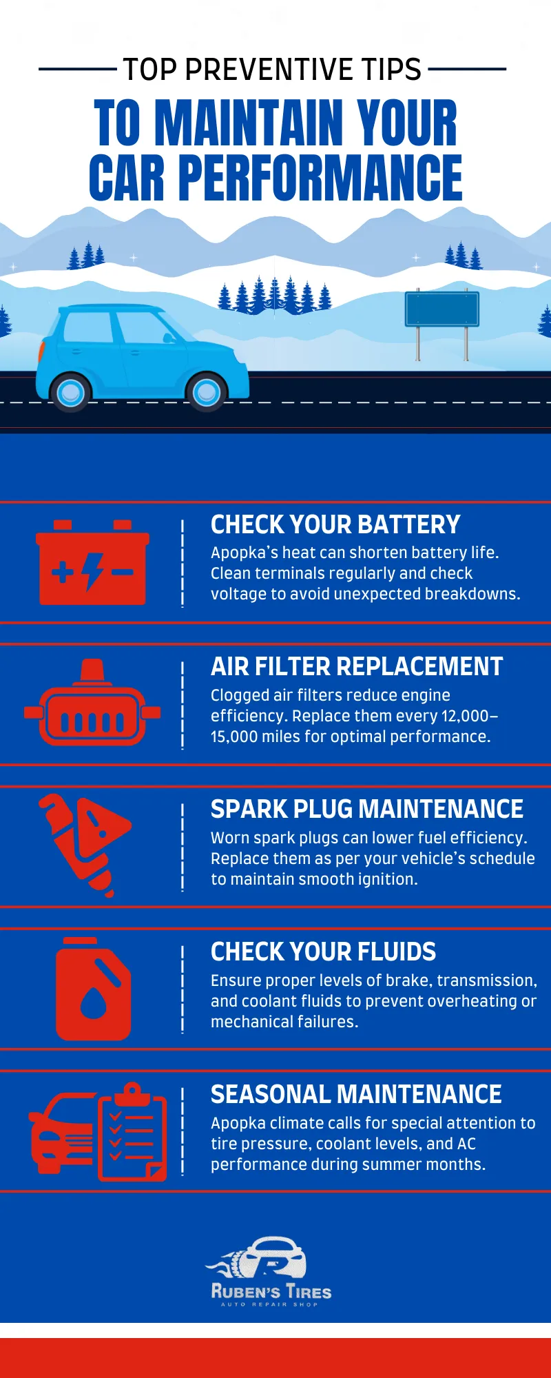 Infographic from Ruben’s Auto Repair in Apopka featuring top preventive maintenance tips for car care.