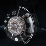Futuristic digital overlay of a brake disc system, symbolizing cutting-edge diagnostics and service deals included in Rubens Tires Offers Apopka.