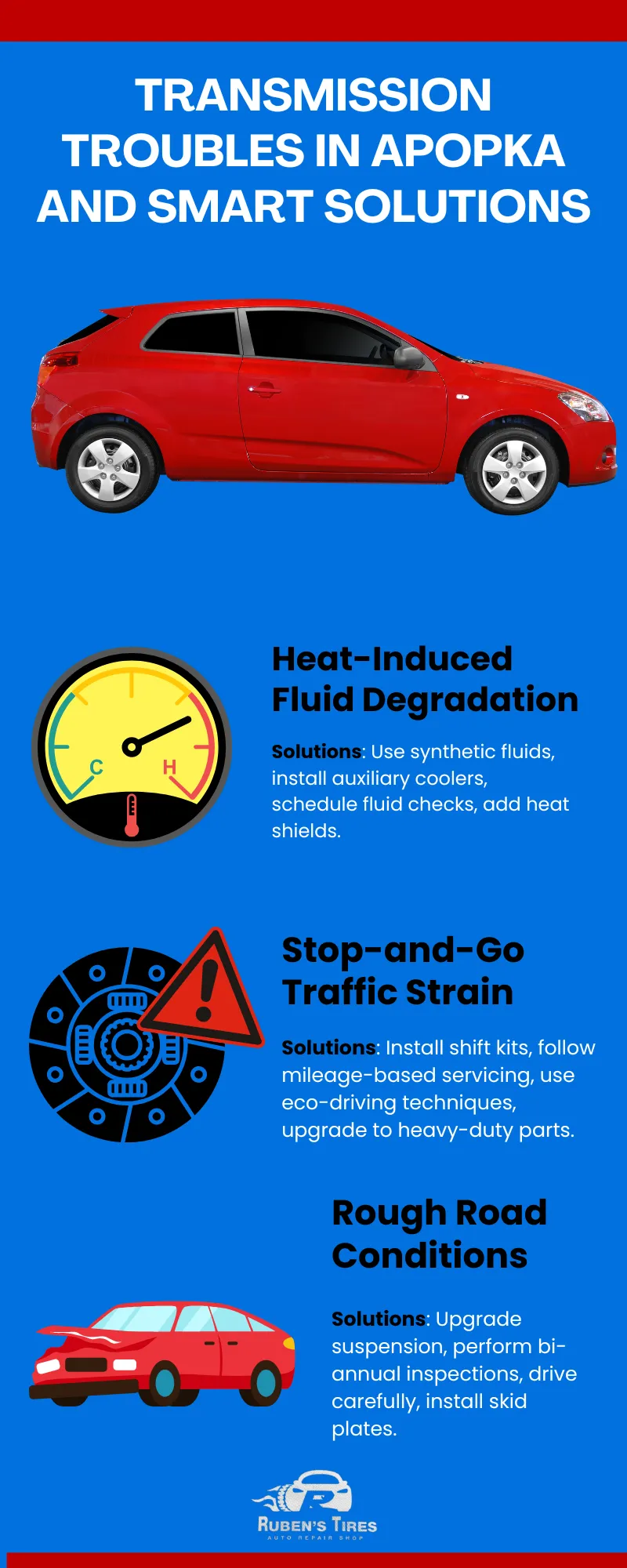 Infographic on common transmission troubles and smart solutions by Ruben's Tires in Apopka.