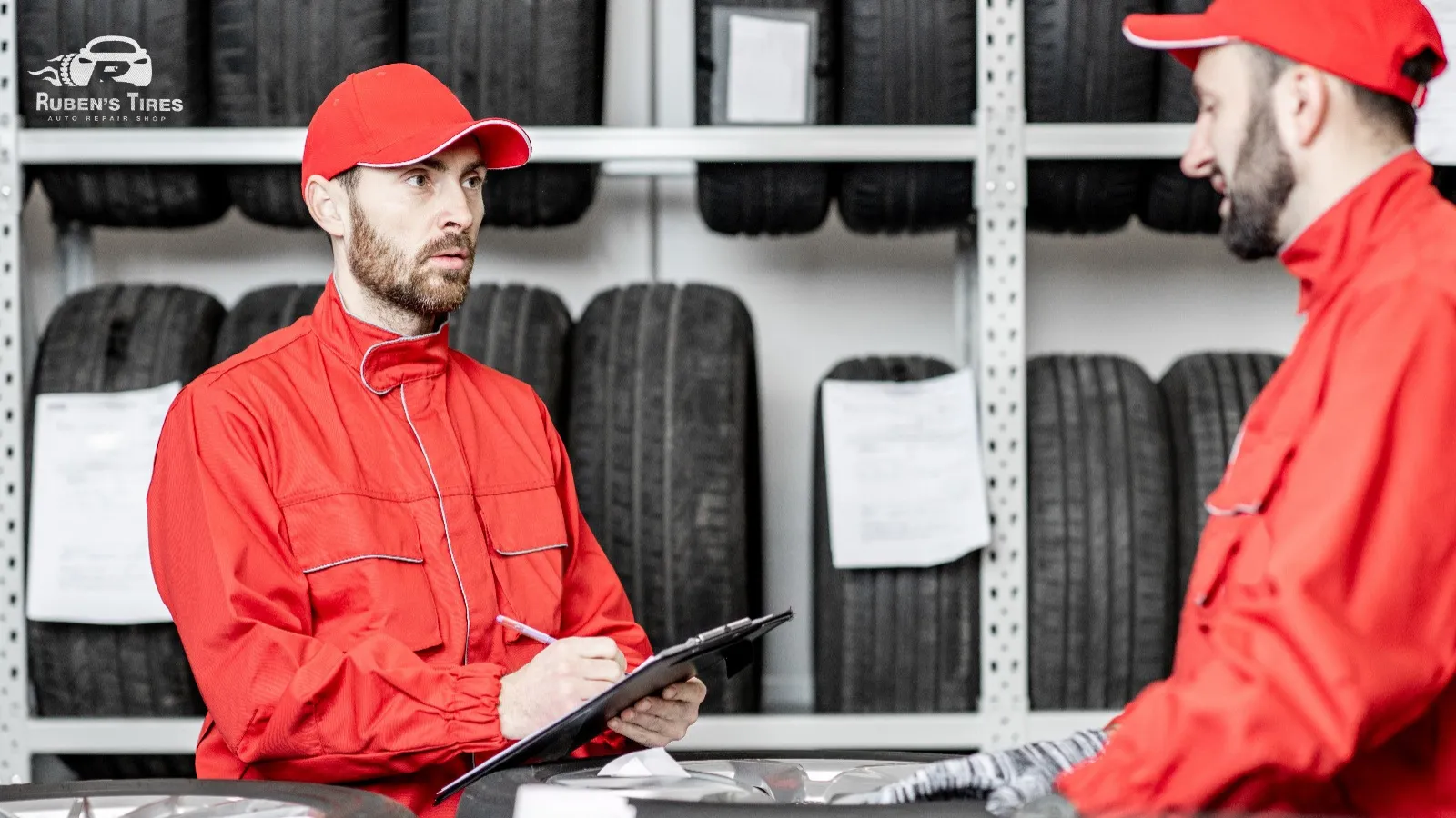 Two technicians reviewing tire installation at Ruben's Tires near Apopka.