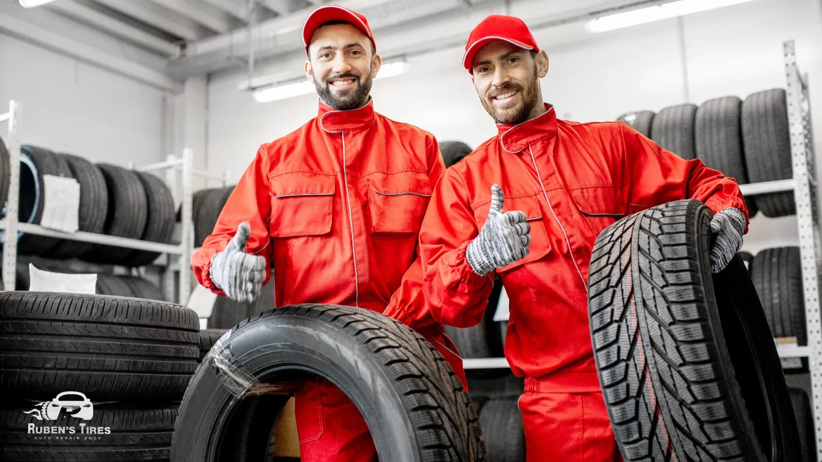 Two technicians smiling and showcasing premium tires at Ruben's Tires near Apopka.