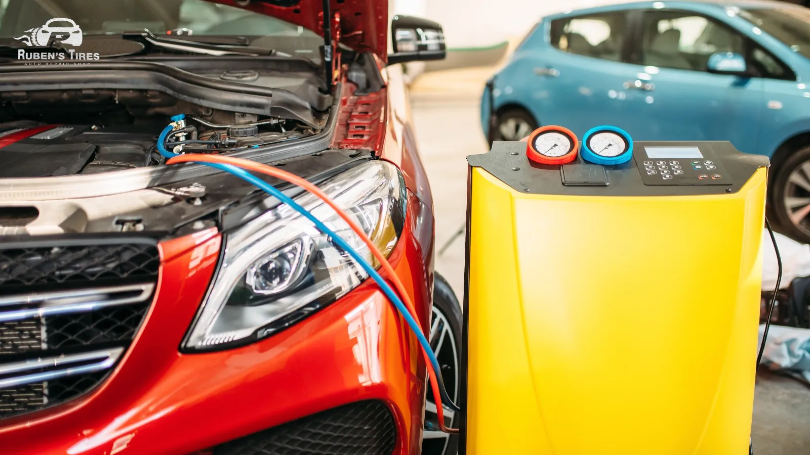 Equipment connected to a car for transmission diagnostics at Ruben's Tires in Apopka.