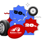 Promotional graphic displaying 20% and 50% discount tags with tires and the Rubens Tires logo, highlighting limited-time Rubens Tires Offers Apopka.